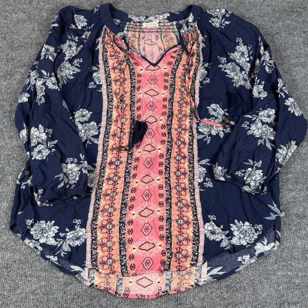 Mason Belle Medium Boho Floral Peasant Tunic Top Light Weight Smocked Festival